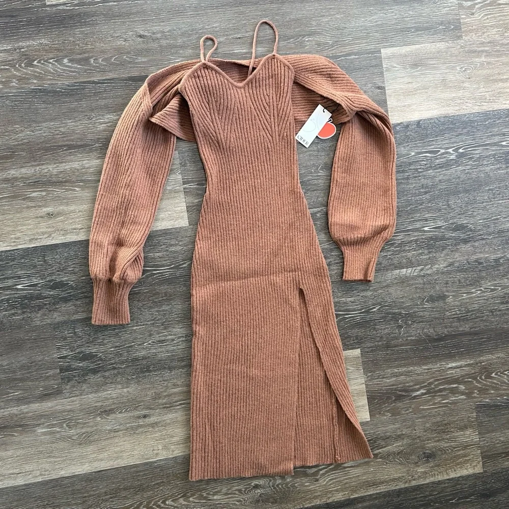 Cider NWT Brown Ribbed Knit Midi Dress & Shrug Set - Large - Picture 5 of 6